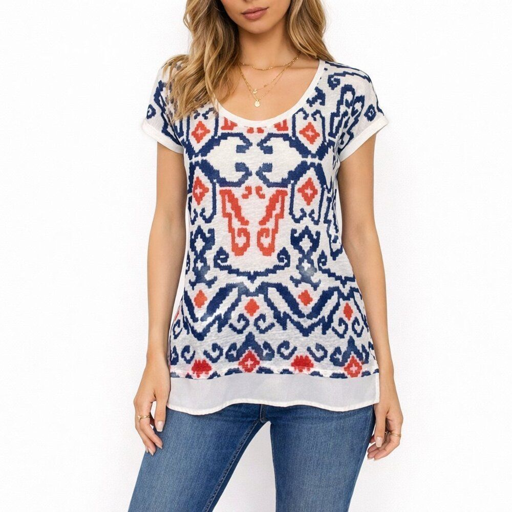Tommy Hilfiger Womens Linen Blend Top XS Red White Blue Ikat Americana Preppy